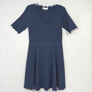 Milly Women's Navy Fit & Flare Dress Size L Scalloped V-Neck Classic Feminine